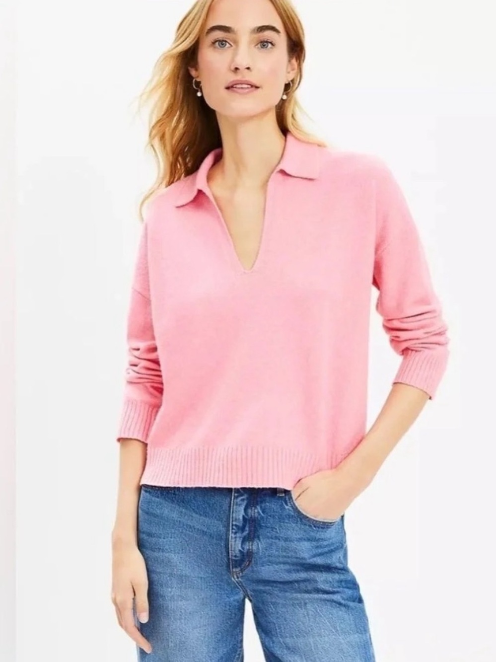 loft pink collared v-neck sweater